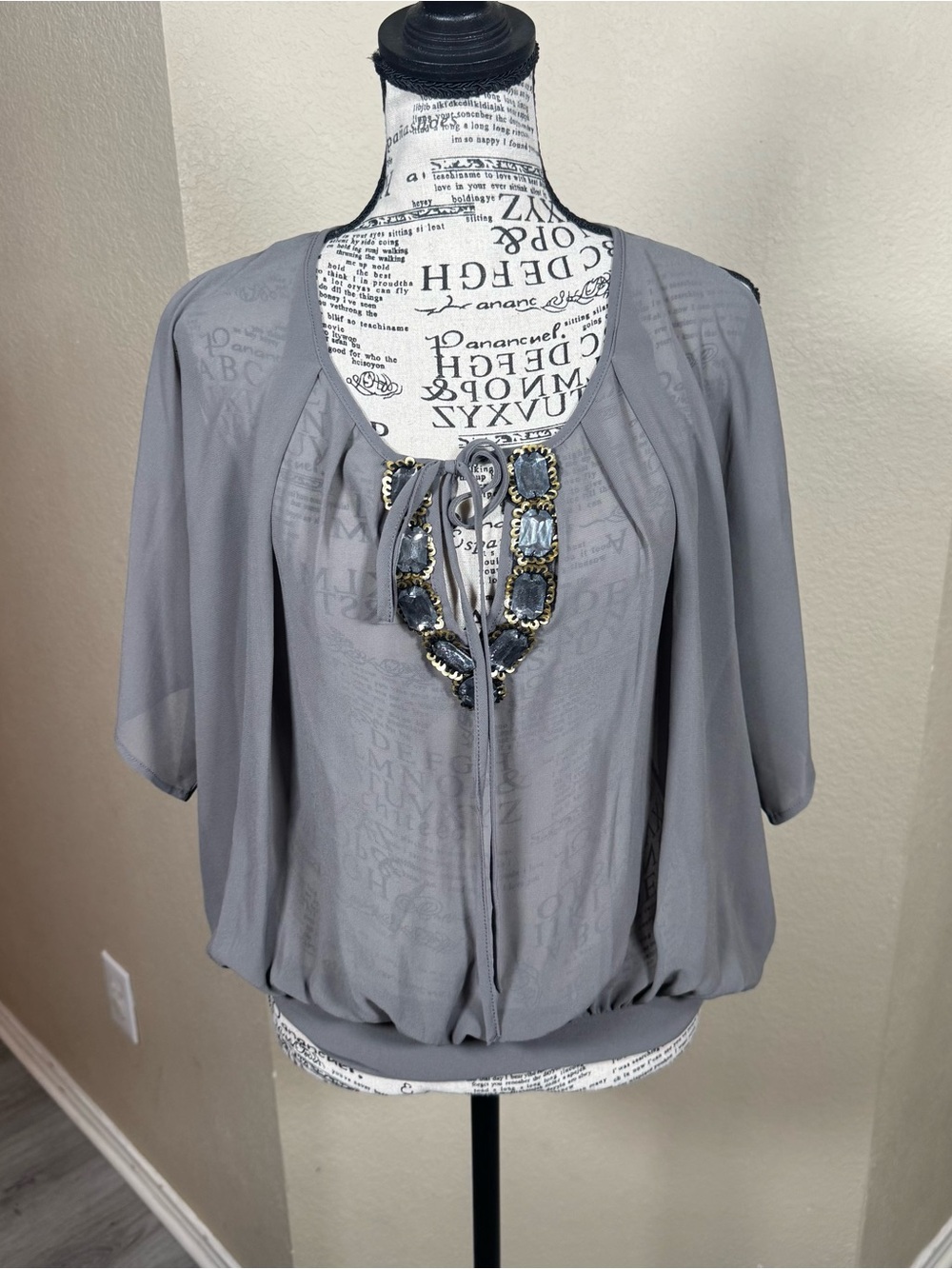 Cache Gray Jeweled Neck Blouse
